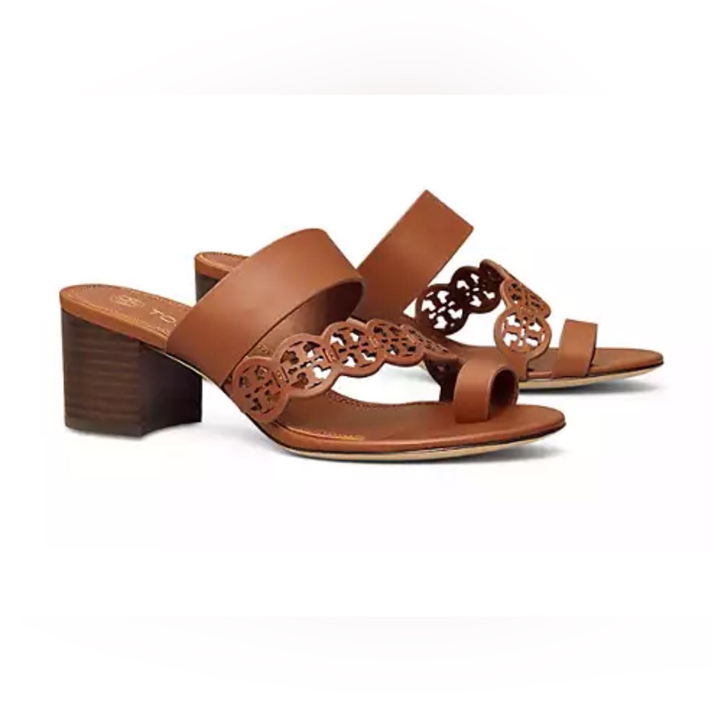 Tory Burch Tiny Miller Toe Ring High Block Sandals In Brown Size 6.5 New